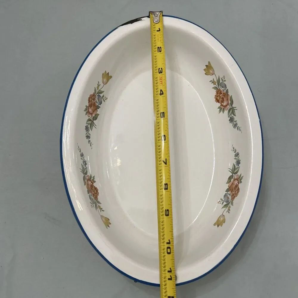 Vtg Enamelware Floral Print Rose Cinsa Brand Saltillo Mexico Oval Blue Trim